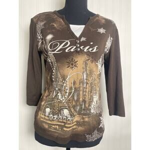Blue Canion Y2K Paris Rhristones Hanley Shirt 3/4 Sleeve Baroque Burnout Size M